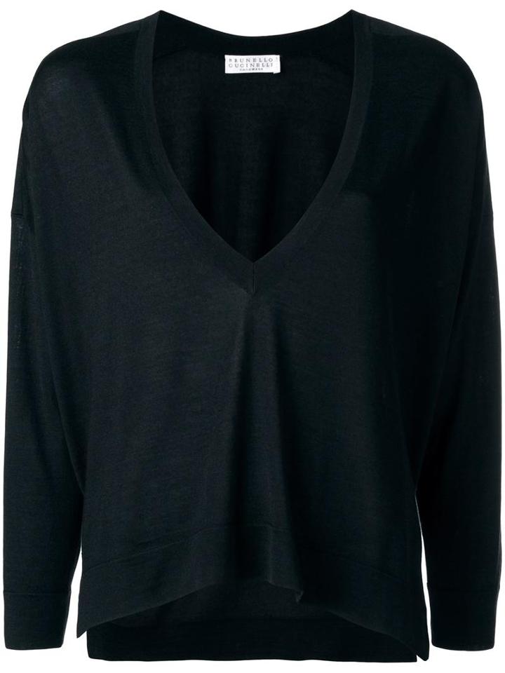 Brunello Cucinelli Loose Fit V-neck Jumper, Women's, Size: Medium, Black, Cashmere/silk