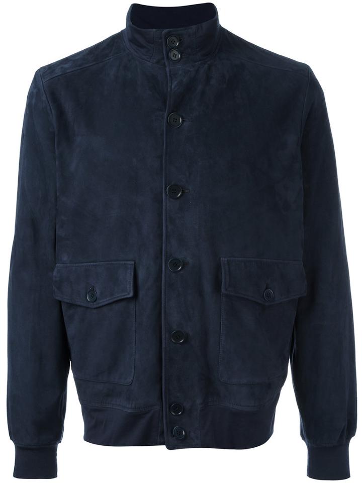 Cruciani Button Up Jacket, Men's, Size: 50, Blue, Leather/cotton/spandex/elastane