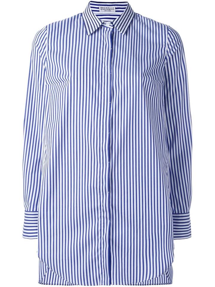 Brunello Cucinelli Striped Shirt, Women's, Size: Large, Blue, Cotton/polyamide/spandex/elastane/brass