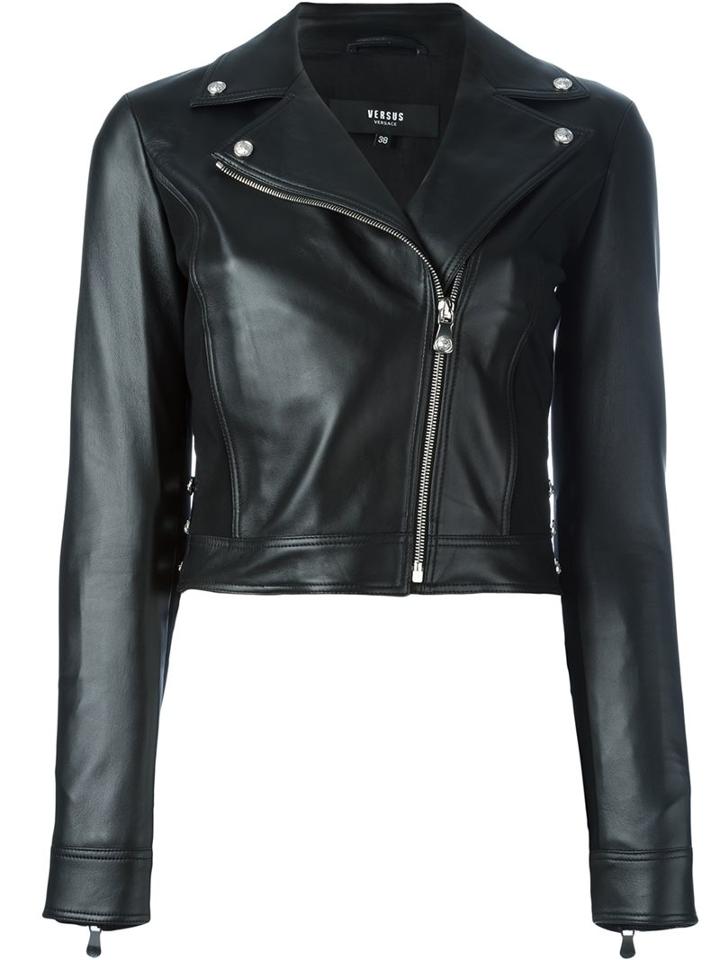 Versus Cropped Biker Jacket, Women's, Size: 42, Black, Lamb Skin/viscose/polyamide/spandex/elastane