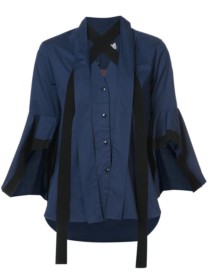 Palmer / Harding Pussy Bow Cropped Sleeve Shirt - Blue