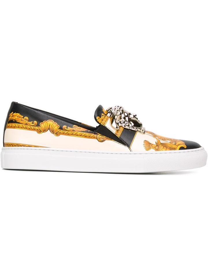 Versace Medusa Baroque Print Slip-on Sneakers, Women's, Size: 36, Yellow/orange, Calf Leather/rubber/metal Other