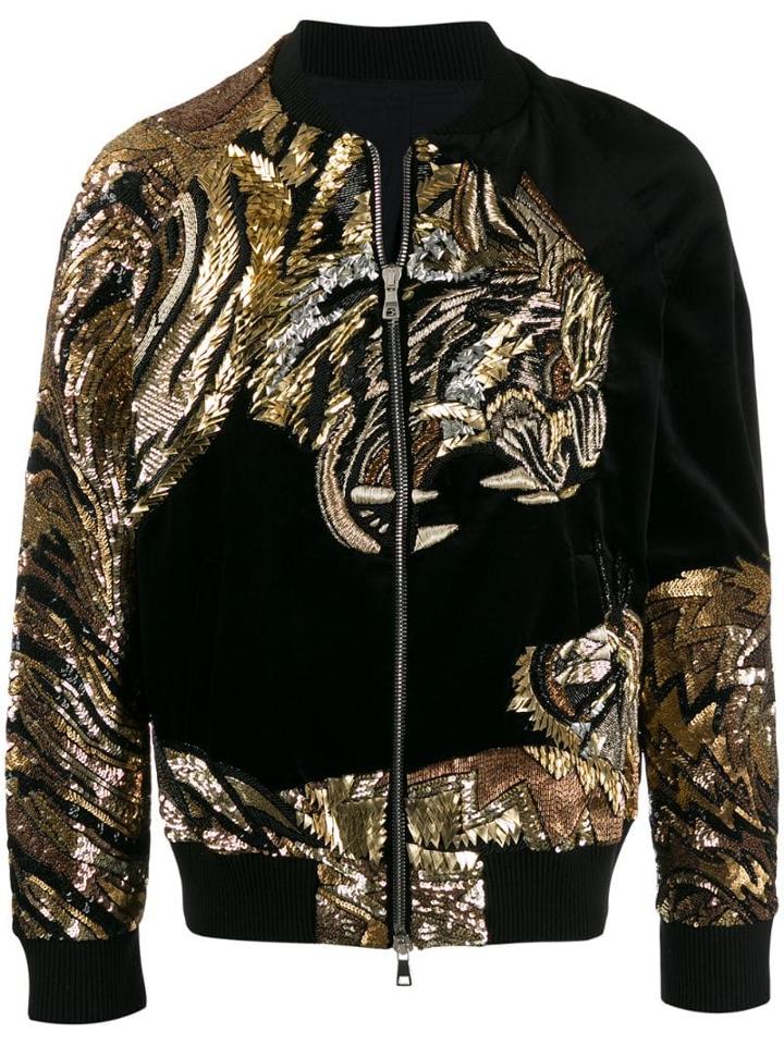 Balmain Velour Tiger Embroidery Bomber Jacket - Black