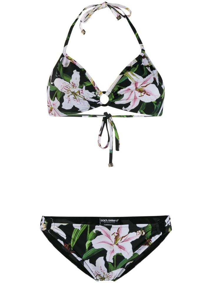 Dolce & Gabbana Lily-print Halter-neck Bikini - Black