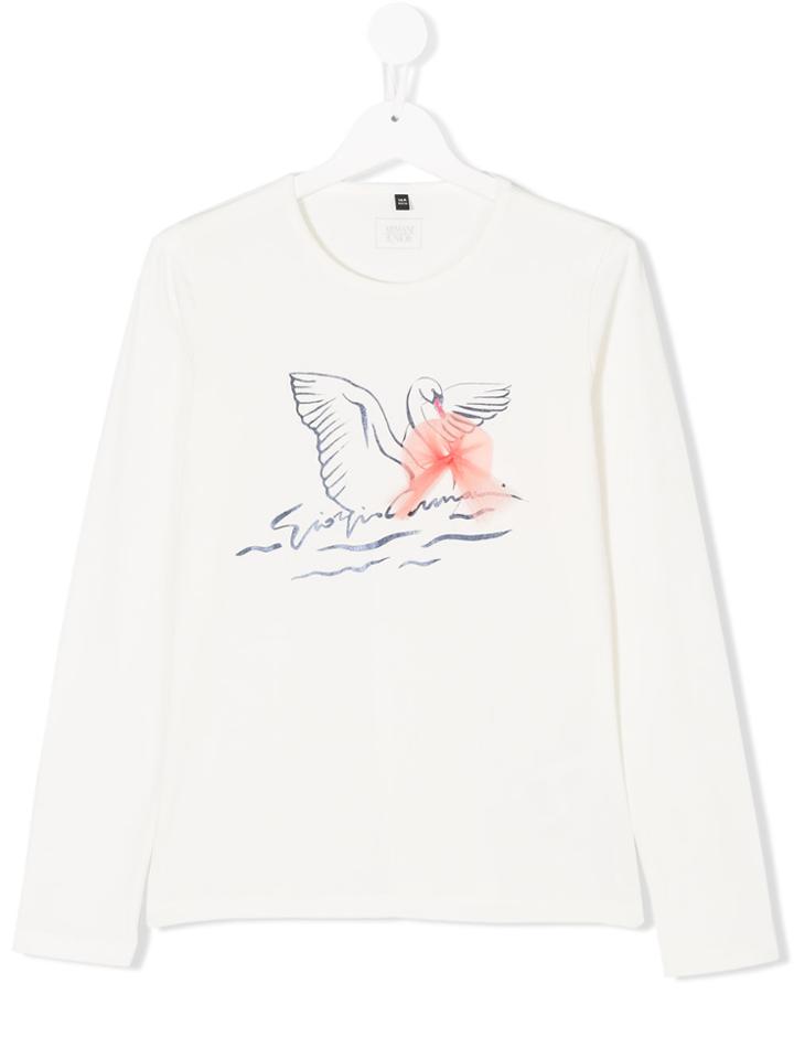Armani Junior Swan Print Longsleeved T-shirt - White