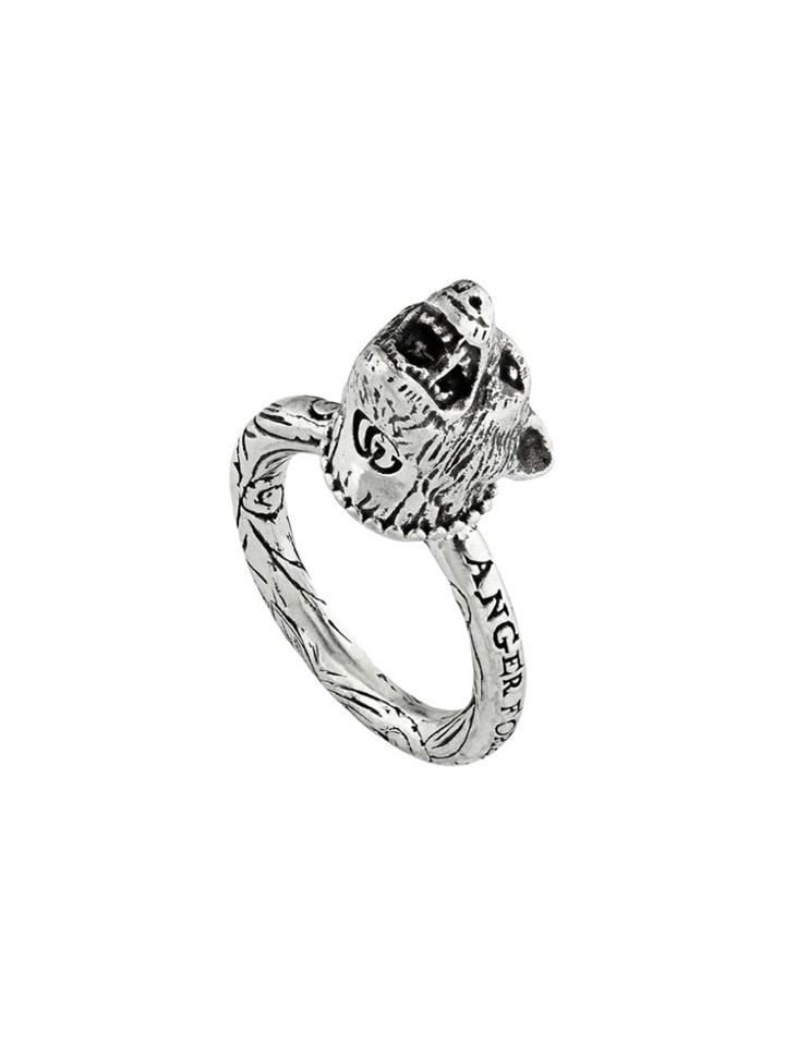 Gucci Anger Forest Wolf Head Ring In Silver
