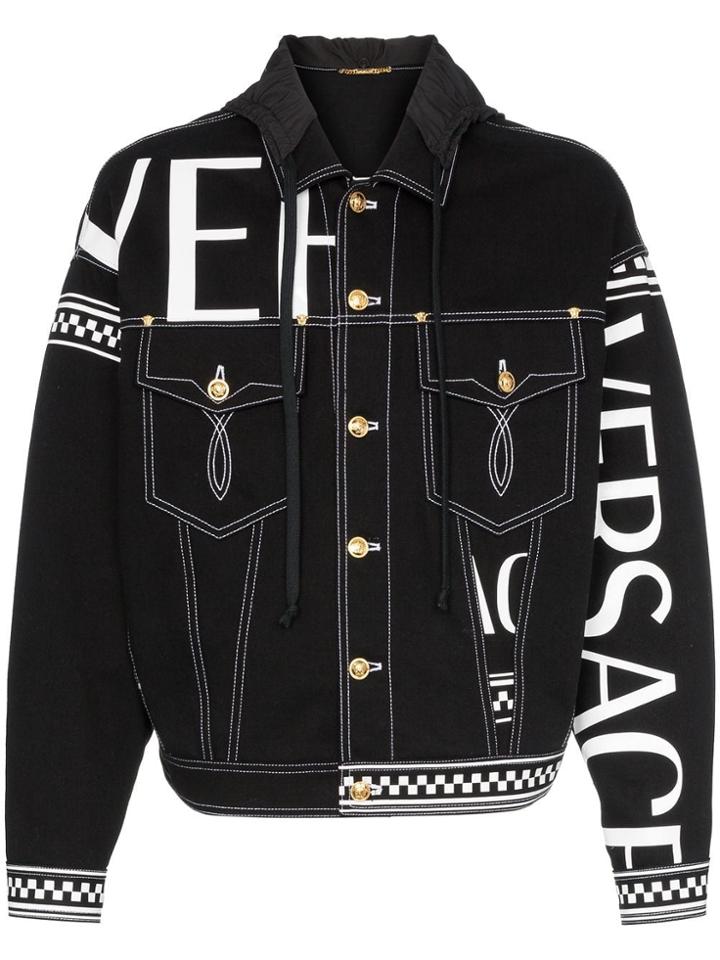 Versace Logo Check Print Denim Jacket - Black