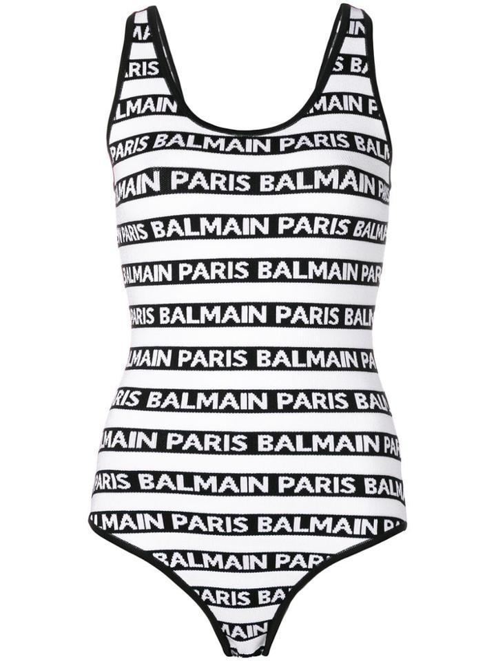 Balmain Logo Striped One-piece - White