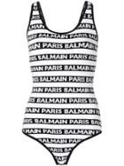 Balmain Logo Striped One-piece - White