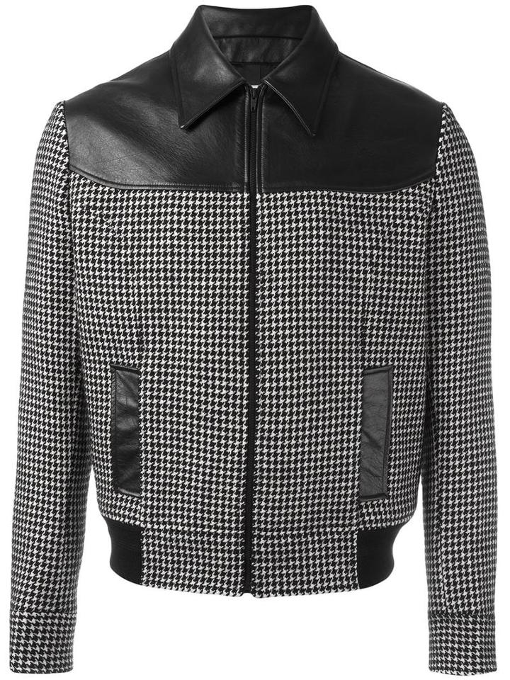 Saint Laurent Houndstooth Contrast Teddy Jacket, Men's, Size: 52, Black, Wool/silk/lamb Skin/cotton