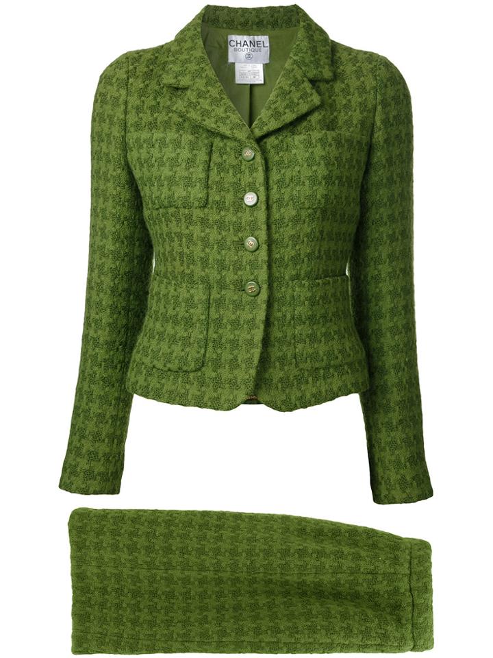 Chanel Vintage Houndstooth Skirt Suit - Green