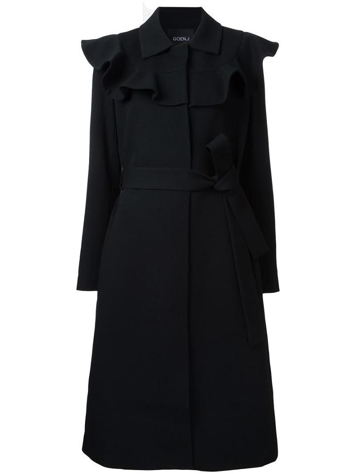 Goen.j Ruffled Neck Belted Coat, Women's, Size: Large, Black, Bemberg/polyurethane/wool