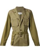 Maison Margiela Belted Military Jacket, Men's, Size: 54, Green, Linen/flax/nylon/cotton