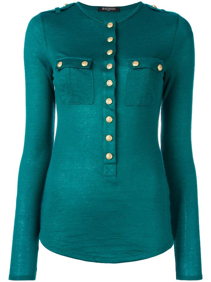 Balmain Long Sleeve Slub Jersey Top, Women's, Size: 38, Green, Linen/flax/viscose