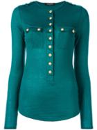 Balmain Long Sleeve Slub Jersey Top, Women's, Size: 38, Green, Linen/flax/viscose