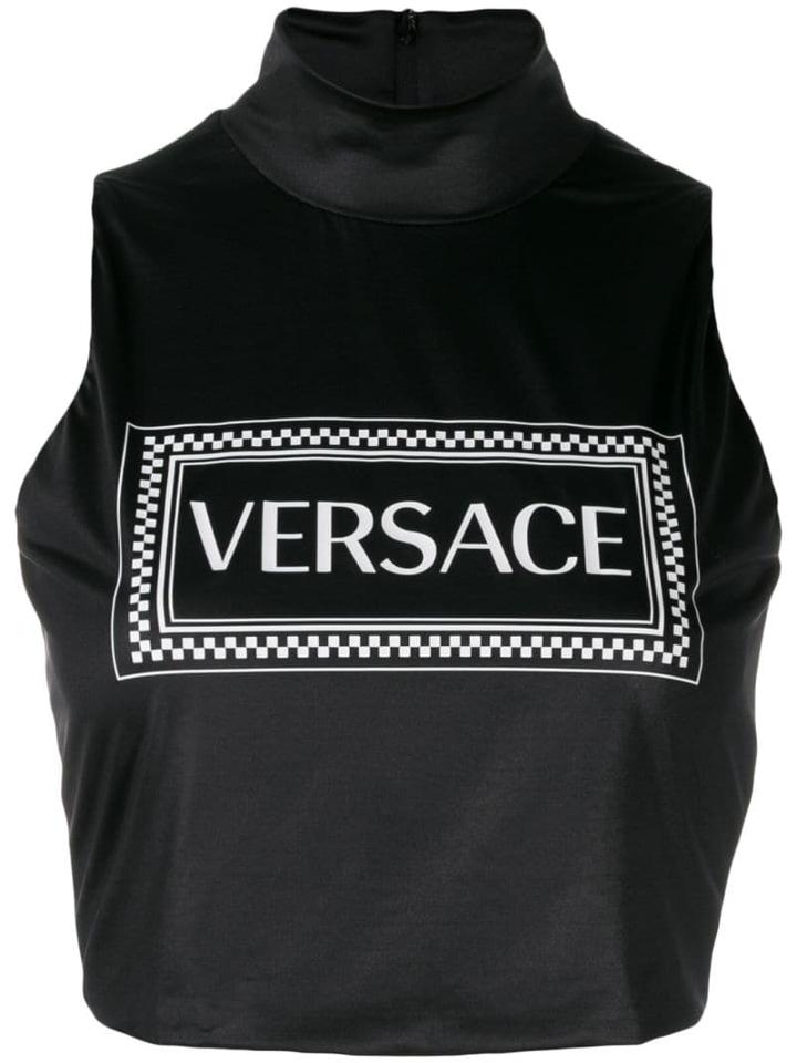 Versace 90s Vintage Logo Print Crop Top - Black