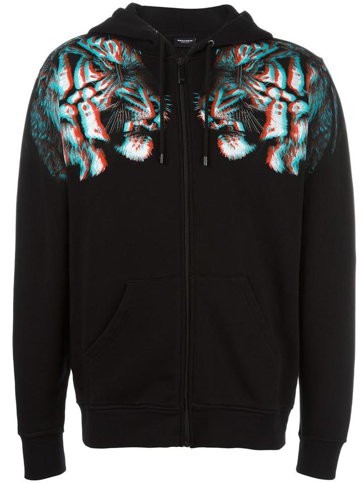 Marcelo Burlon County Of Milan Tiger Print Zipped Hoodie, Men's, Size: Large, Black, Cotton/polyester