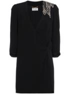 Saint Laurent V-neck Crystal Embellished Wrap Mini Dress - Black