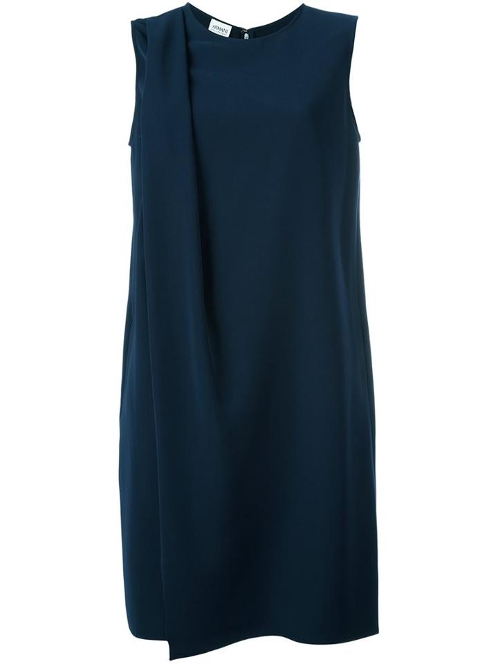 Armani Collezioni Draped Shoulder Shift Dress, Women's, Size: 40, Blue, Polyester