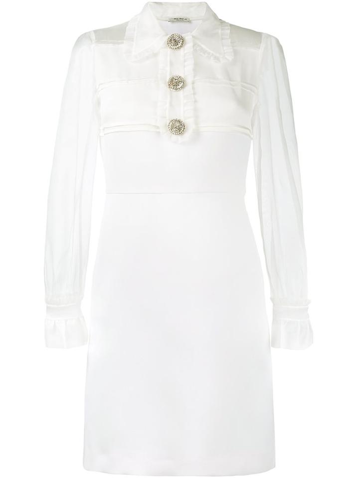 Miu Miu Long Sleeved Dress With Jewel Buttons, Women's, Size: 46, White, Silk/virgin Wool/metal/glass