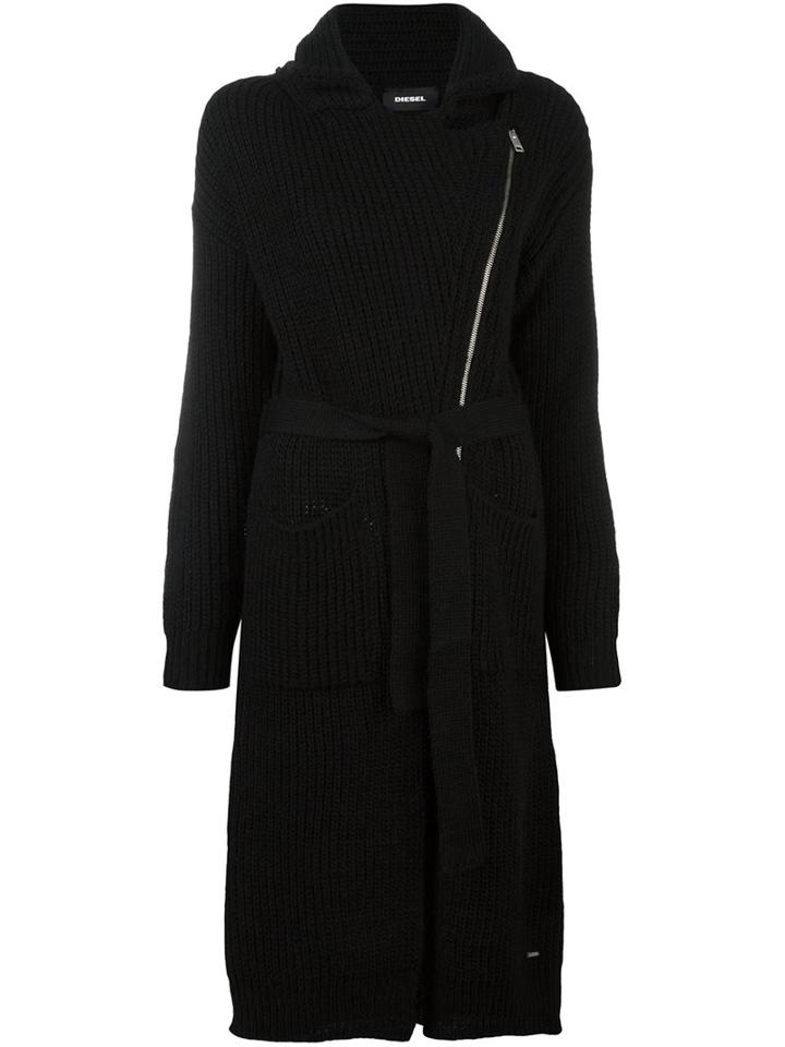 Diesel Dislocated Zip Ribbed Cardi-coat, Women's, Size: Small, Black, Acrylic/rayon/wool/alpaca