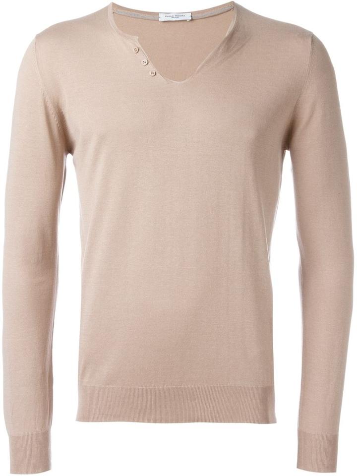 Paolo Pecora Buttoned Collar Jumper, Men's, Size: Xl, Nude/neutrals, Silk/cotton