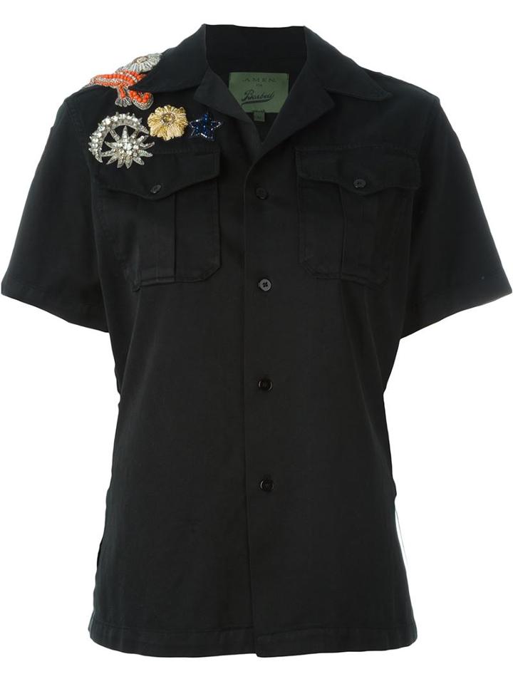 Amen Embellished Shoulder Detail Short Sleeve Button Down Shirt
