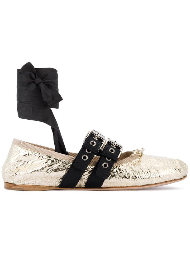Miu Miu Gold Patent Double Buckle Ballerina Flats - Metallic