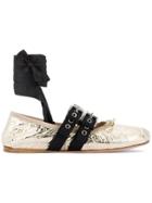 Miu Miu Gold Patent Double Buckle Ballerina Flats - Metallic