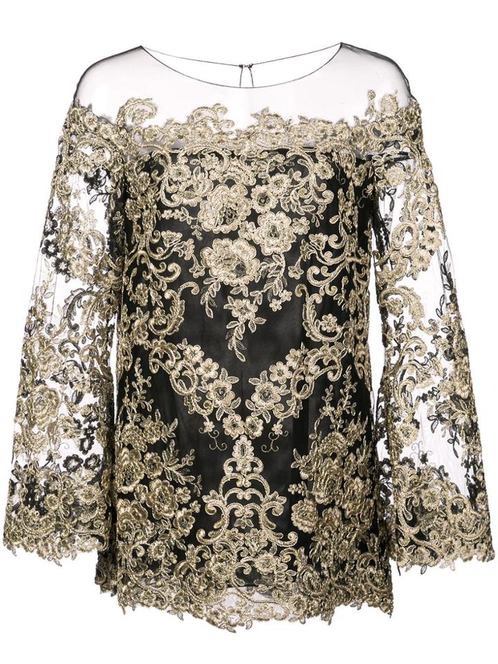 Marchesa Embroidered Boat Neck Top - Black