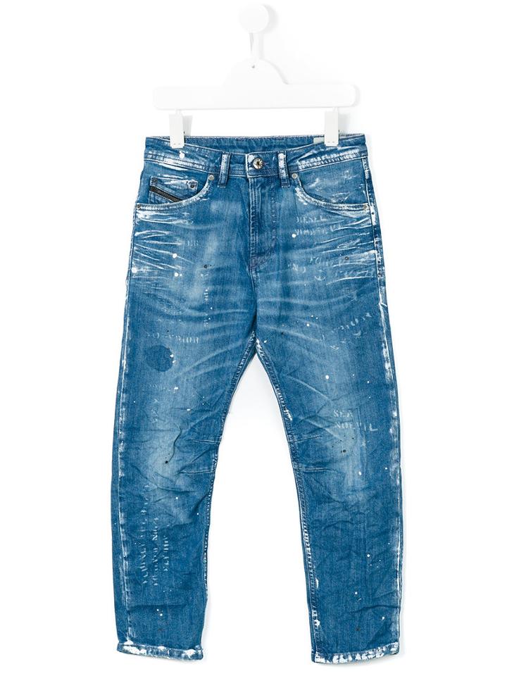 Diesel Kids - Distressed Splatter Detail Carrot Jeans - Kids - Cotton/spandex/elastane - 10 Yrs, Blue