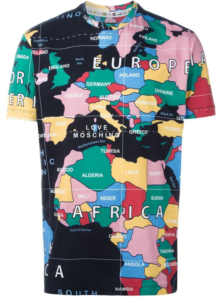 Love Moschino Map Print T-shirt, Men's, Size: L, Black, Cotton