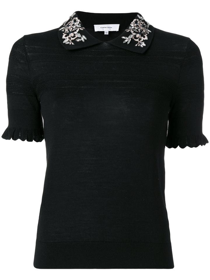Carven Embroidered Collar Polo Top - Black
