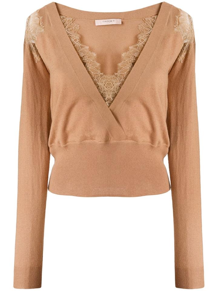 Twin-set V Neck Knit Sweater - Nude & Neutrals