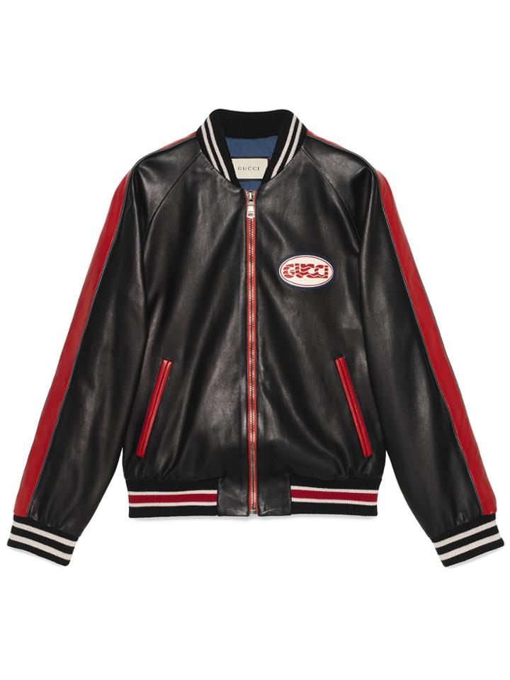 Gucci Leather Bomber With Gucci Pool Patch - Black