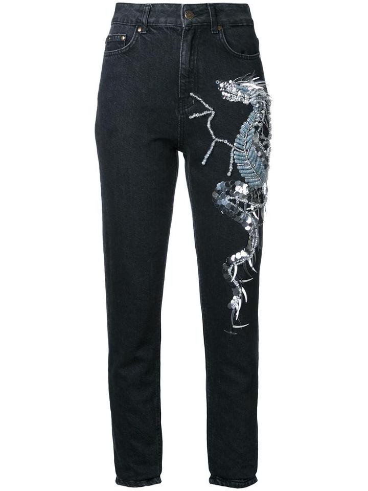 Dalood Dragon Embroidered Mom Jeans, Women's, Size: 36, Black, Cotton