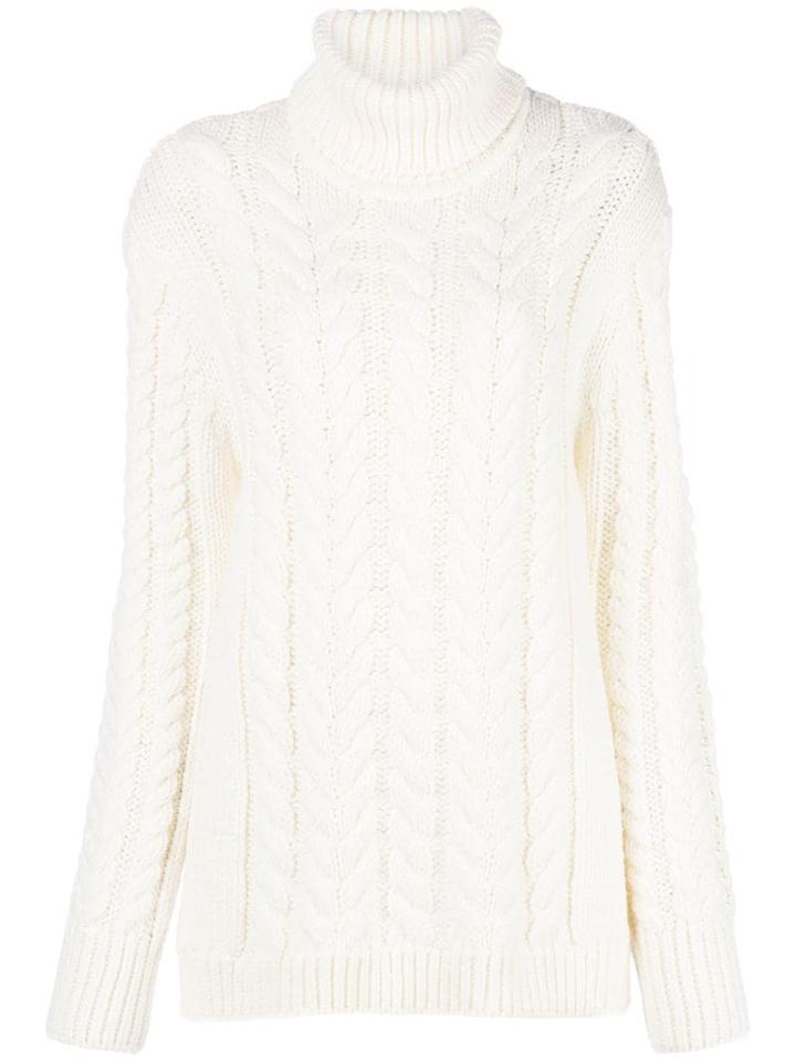 Tibi Rollneck Cable Knit Sweater - White