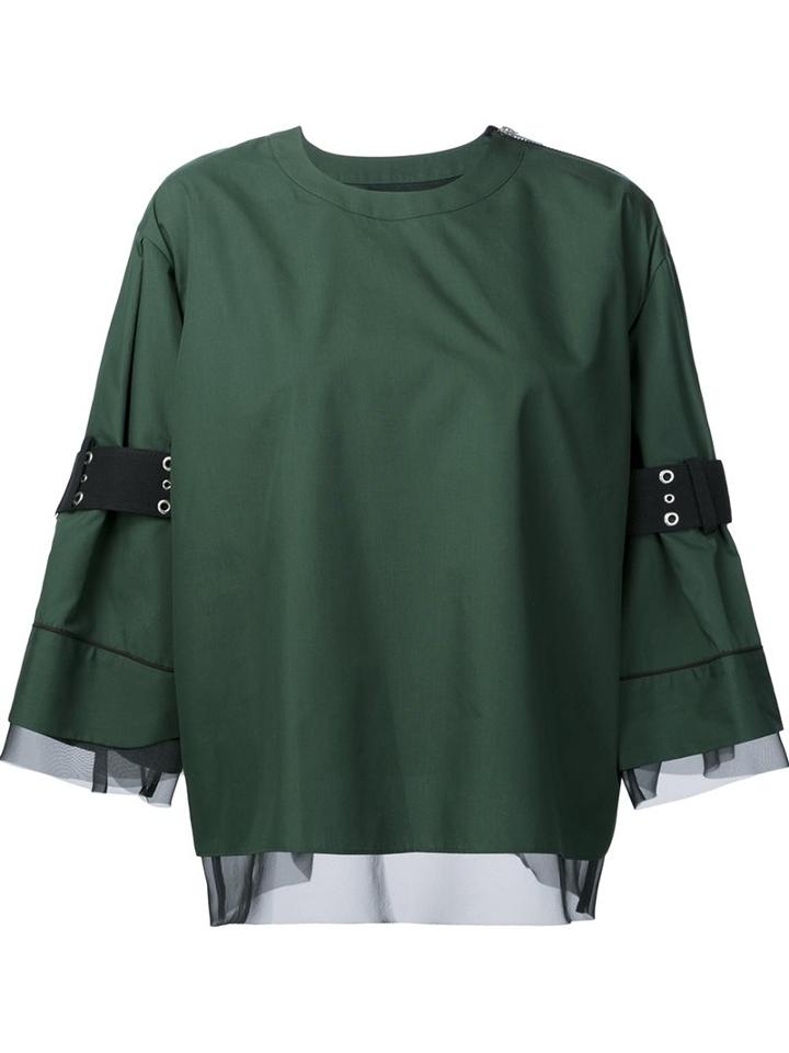 Sacai Belted Sleeve Top, Women's, Size: 3, Green, Cotton/polyester