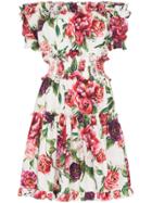 Dolce & Gabbana Off-shoulder Frill Peony Print Cotton Mini Dress -