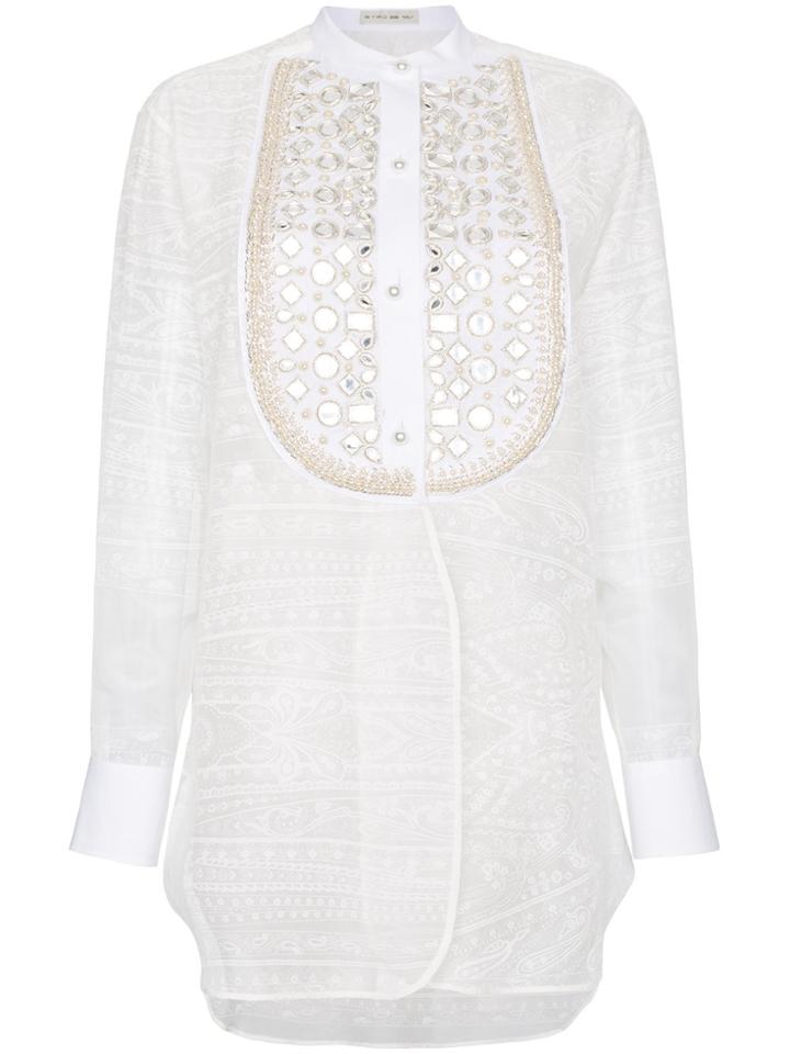 Etro Silk Mirror Embellished Bib Blouse - White