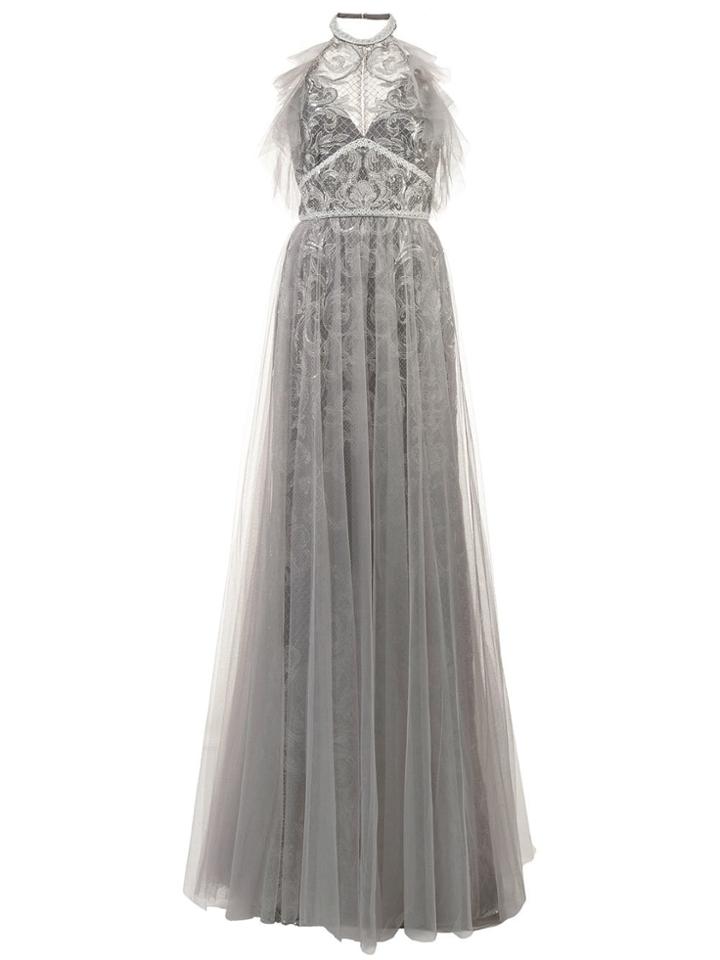 Marchesa Notte Tulle Halterneck Gown - Grey