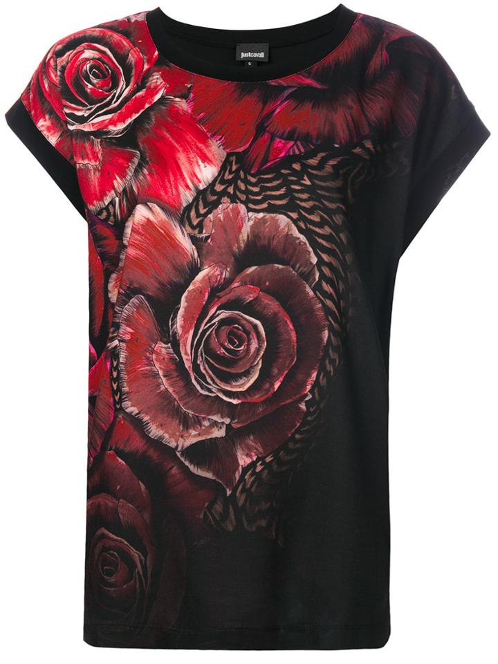 Just Cavalli Rose Print T-shirt - Black