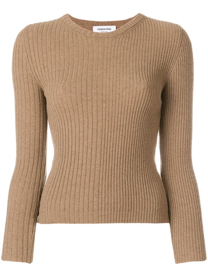 Thom Browne Striped Rib Stitch Camel Hair Pullover - Nude & Neutrals
