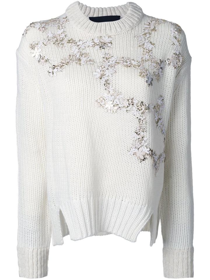 Jay Ahr Gold-tone Flowers Appliqué Pullover, Women's, Size: 34, White, Acrylic/wool