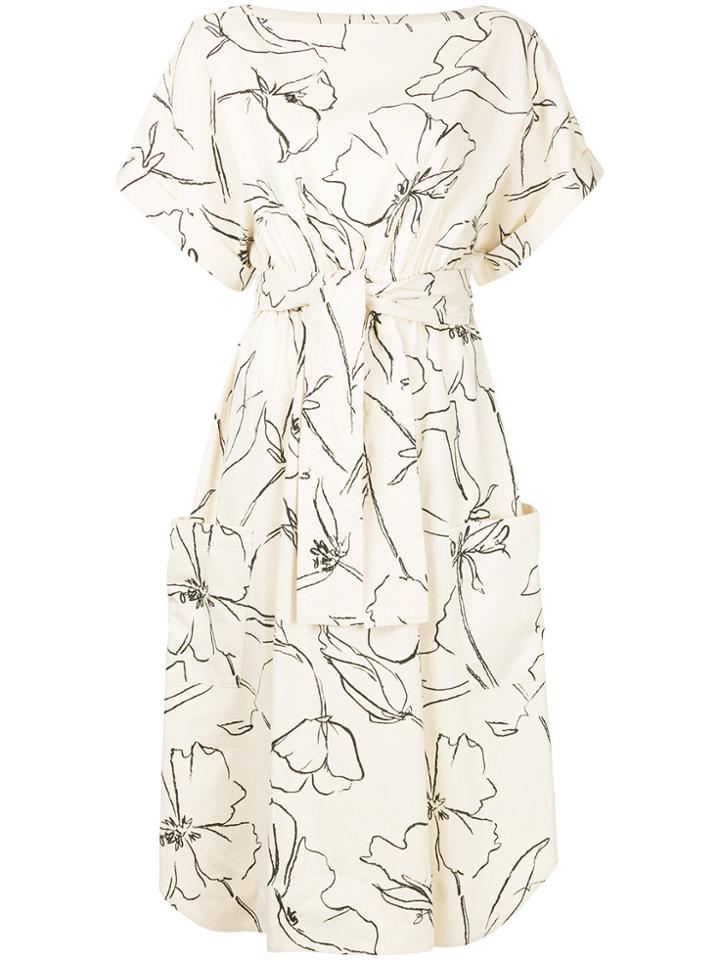 Whit Illustrated Floral Print Dress - White