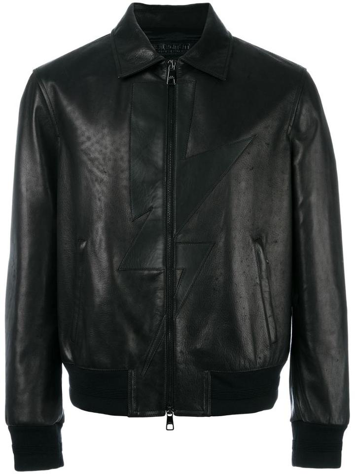 Neil Barrett Lightning Bolt Leather Jacket, Men's, Size: Medium, Black, Leather/viscose/polyester/spandex/elastane