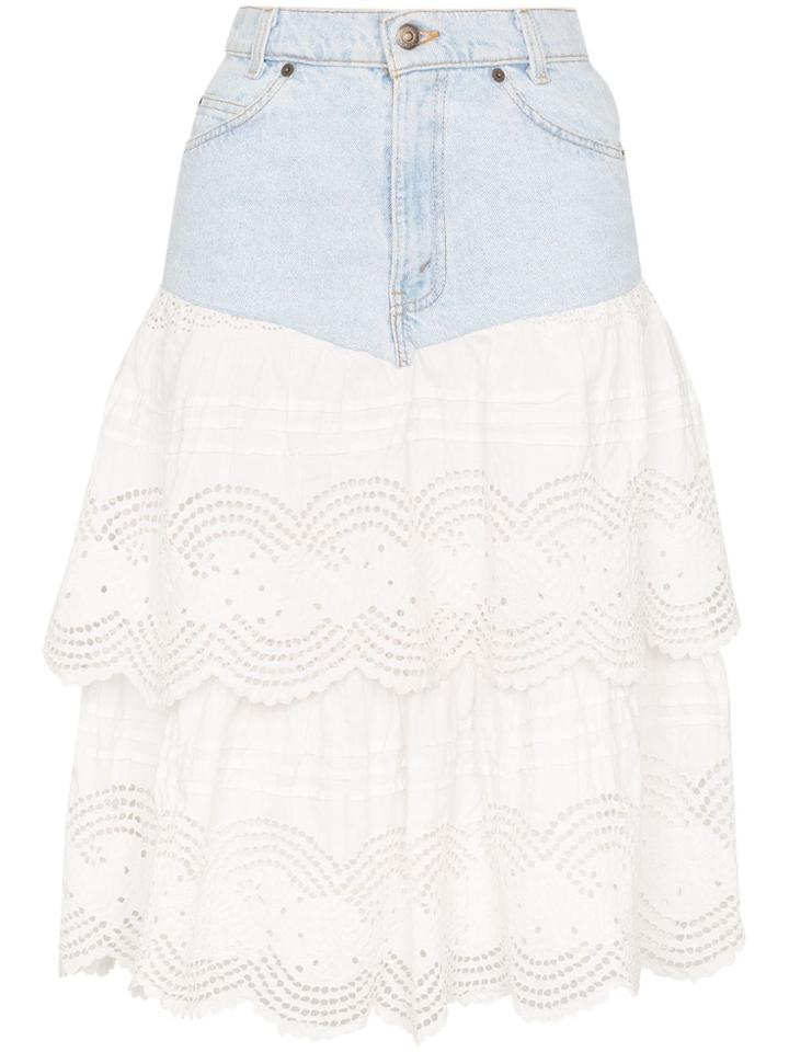 One Vintage Broderie Anglaise Insert Denim Skirt - Blue