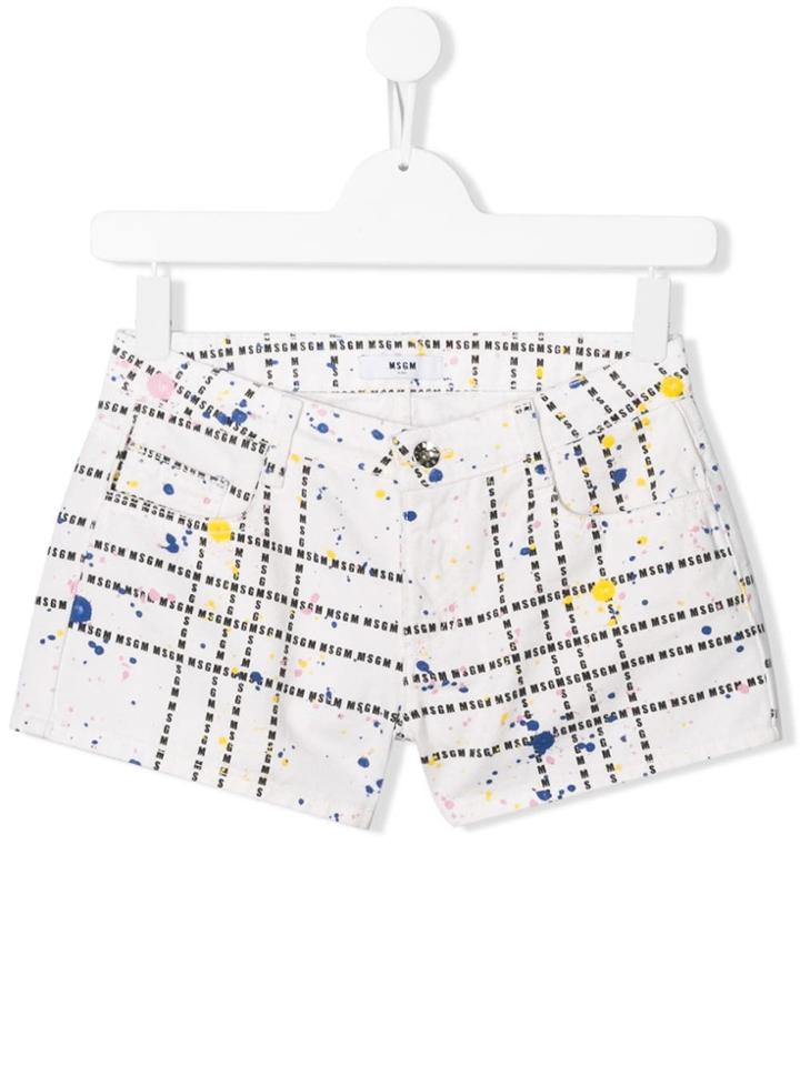 Msgm Kids Paint Splat Logo Print Denim Shorts - White
