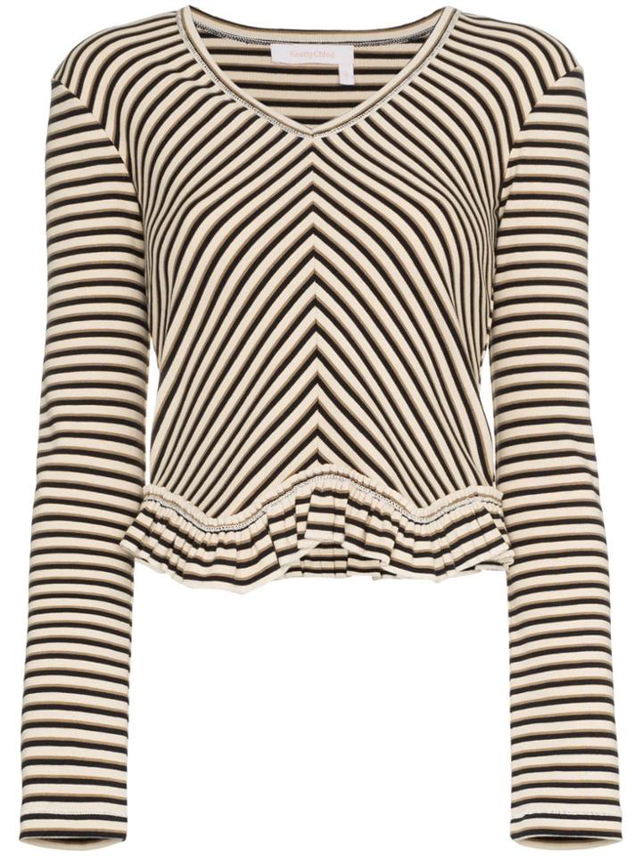 See By Chloé Chevron Stripe Peplum Cotton Top - Neutrals