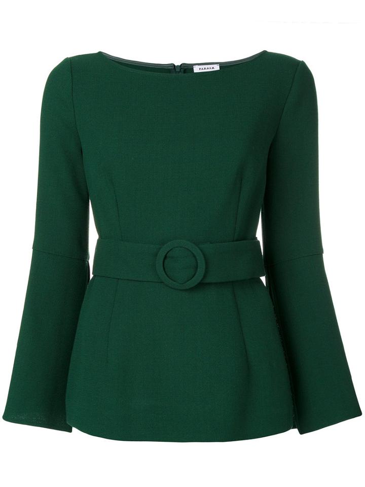 P.a.r.o.s.h. - Flared Sleeves Belted Blouse - Women - Polyamide/spandex/elastane/wool - L, Green, Polyamide/spandex/elastane/wool